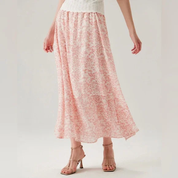 Rihoas Pink Floral Elastic Waist Flared Skirt - Picture 1 of 8